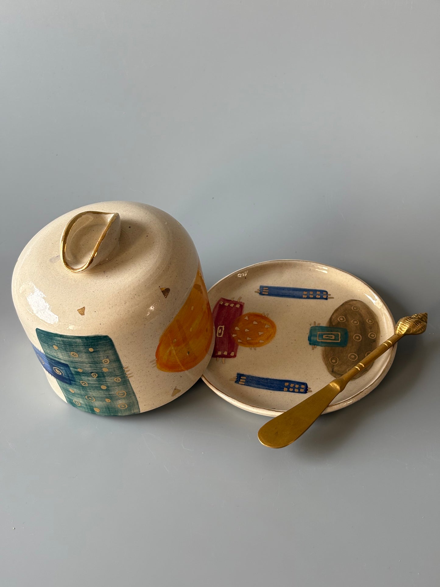 Abstract Butter Dish with Brass Butter Knife
