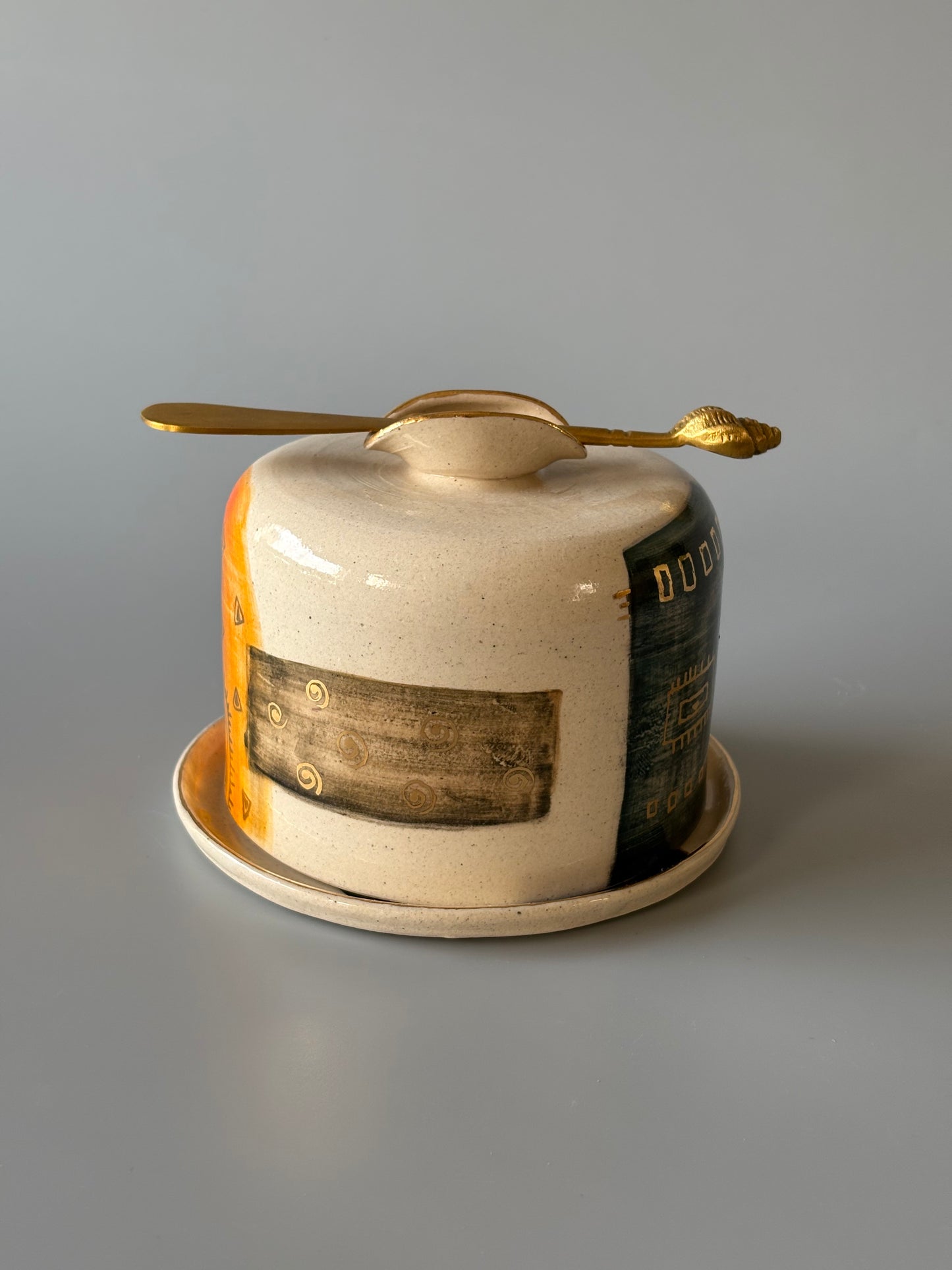Abstract Butter Dish with Brass Butter Knife