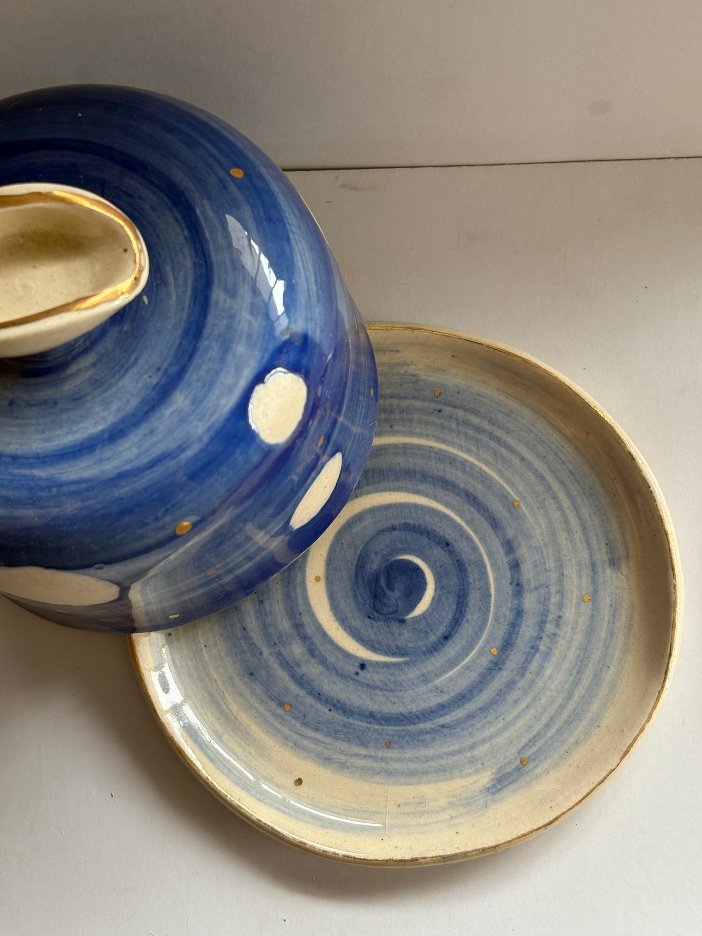 Blue and White Butter Dish with Brass Butter Knife