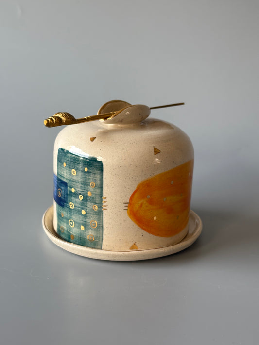 Abstract Butter Dish with Brass Butter Knife