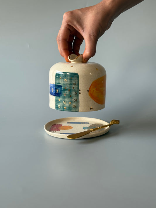 Abstract Butter Dish with Brass Butter Knife