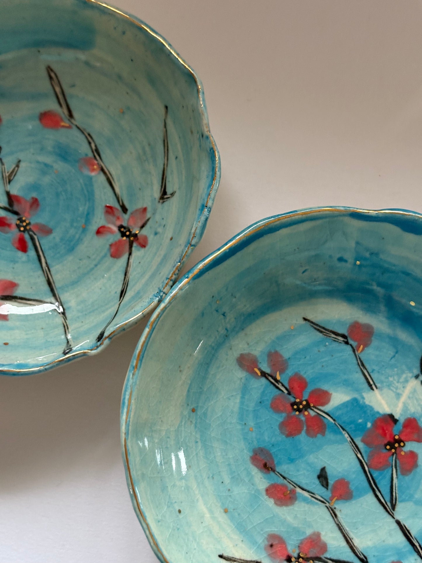 Cherry Blossom Turquoise and Red - Set of 2