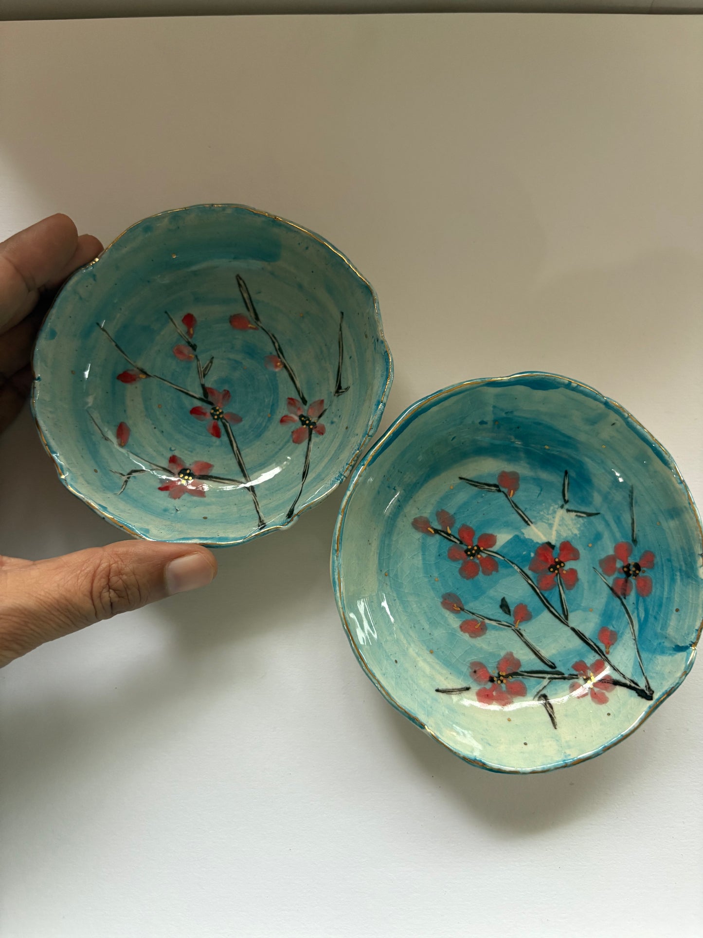 Cherry Blossom Turquoise and Red - Set of 2