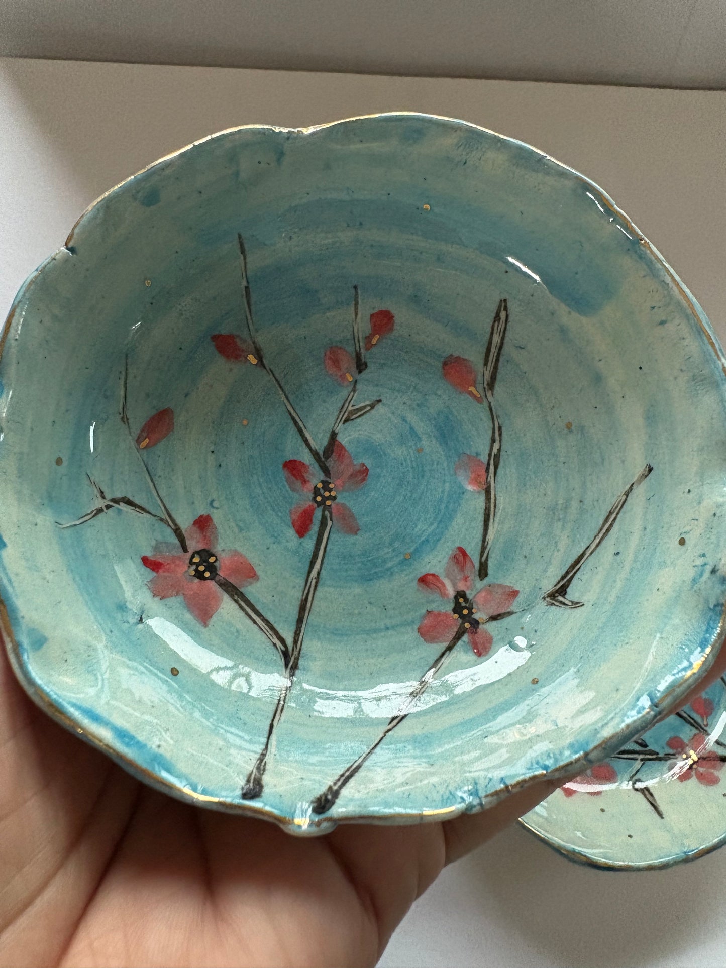 Cherry Blossom Turquoise and Red - Set of 2