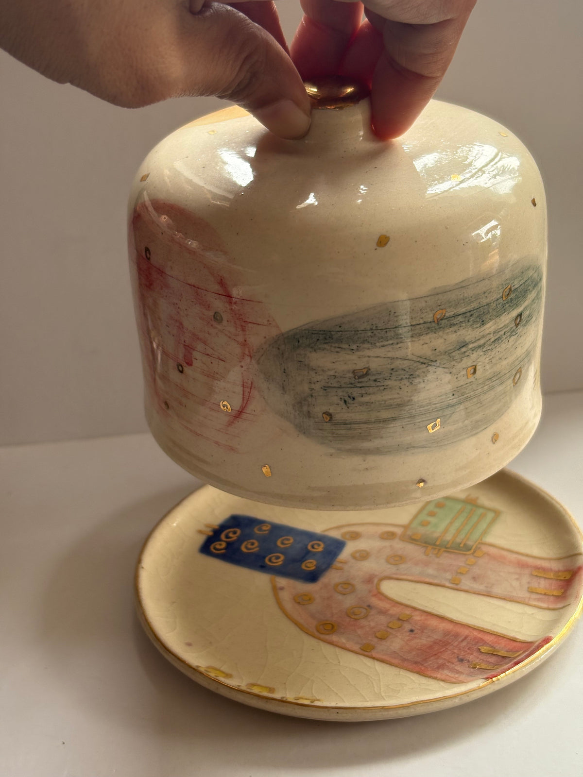 Abstract Butter Dish with Brass Butter Knife