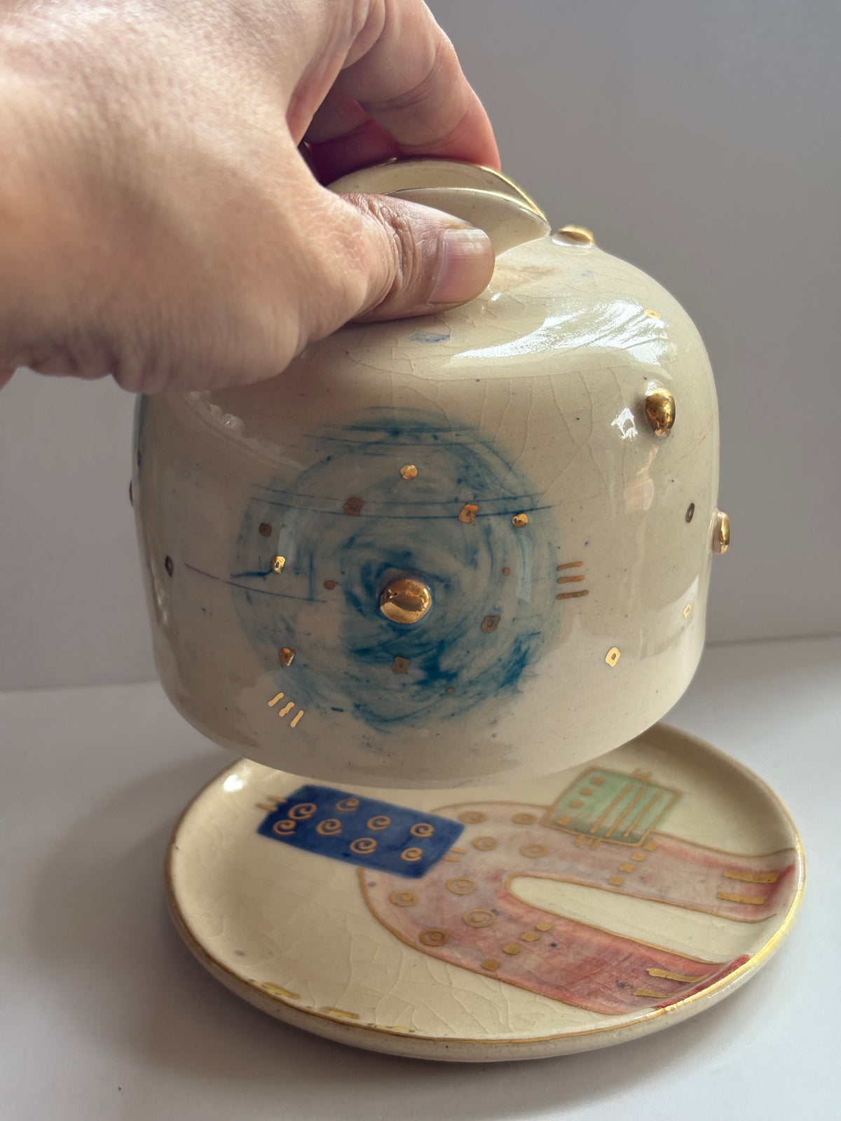 Abstract Butter Dish with Brass Butter Knife
