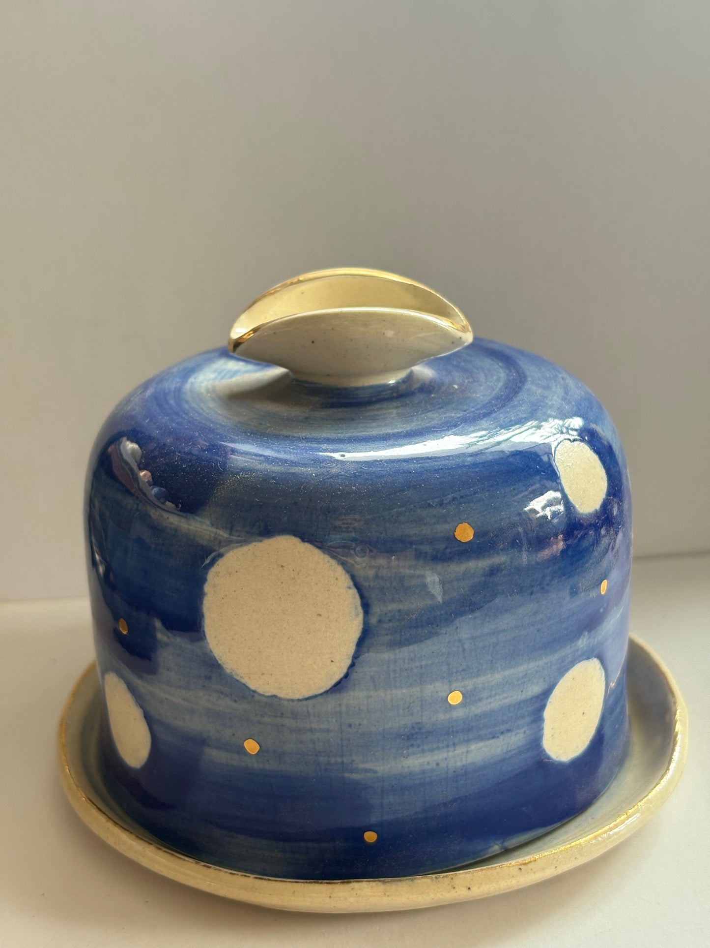 Blue and White Butter Dish with Brass Butter Knife
