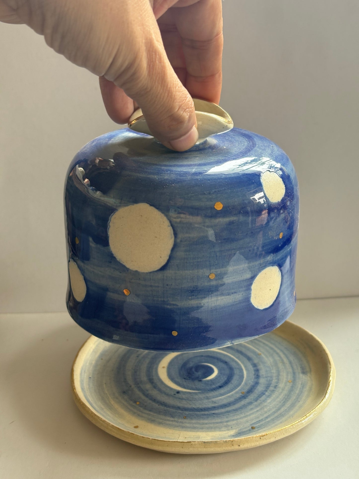 Blue and White Butter Dish with Brass Butter Knife