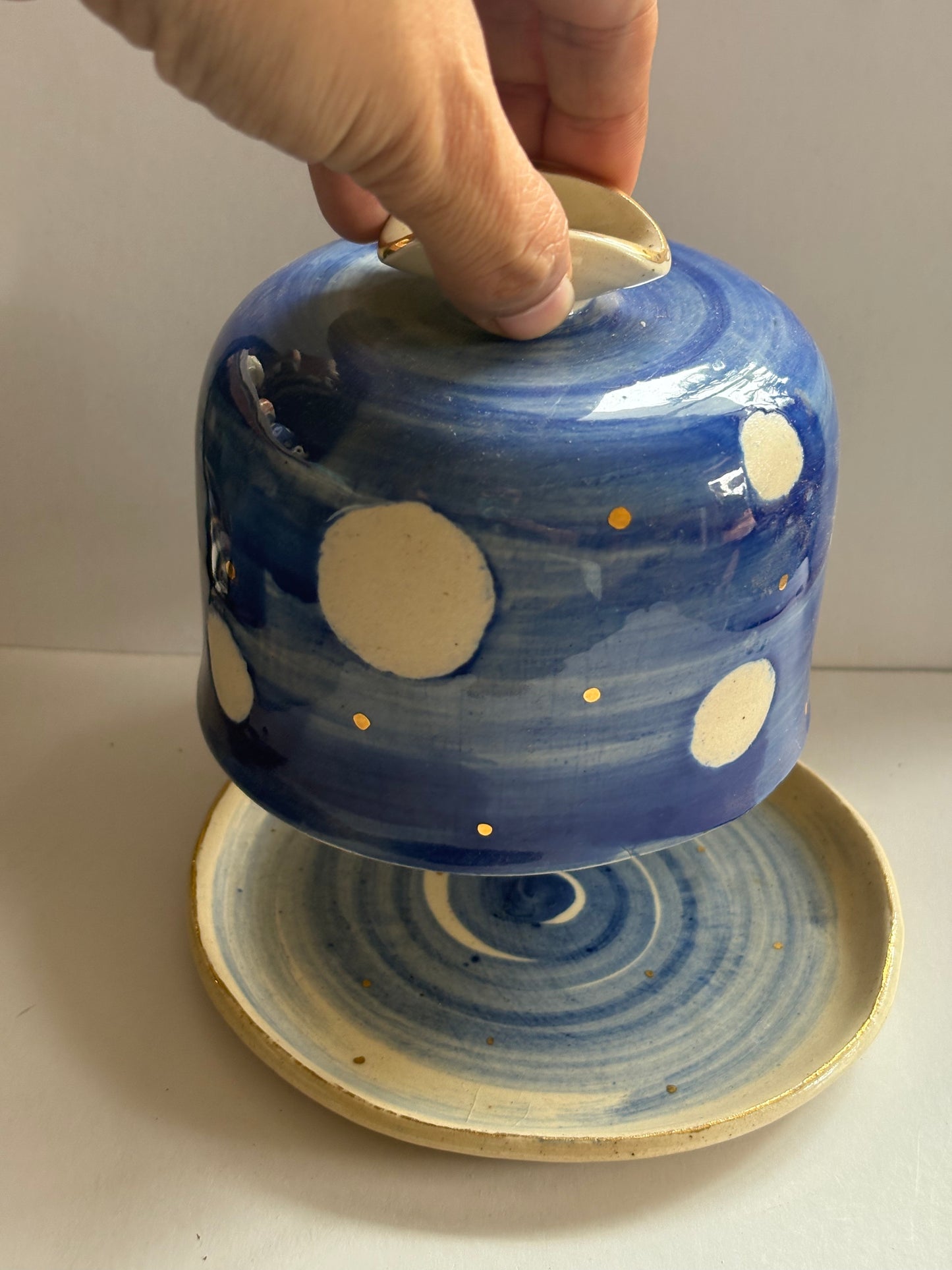 Blue and White Butter Dish with Brass Butter Knife