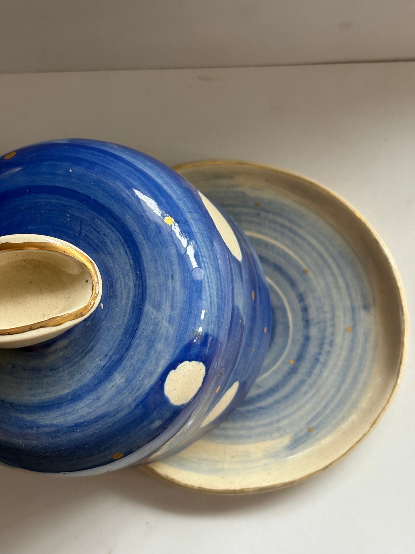 Blue and White Butter Dish with Brass Butter Knife