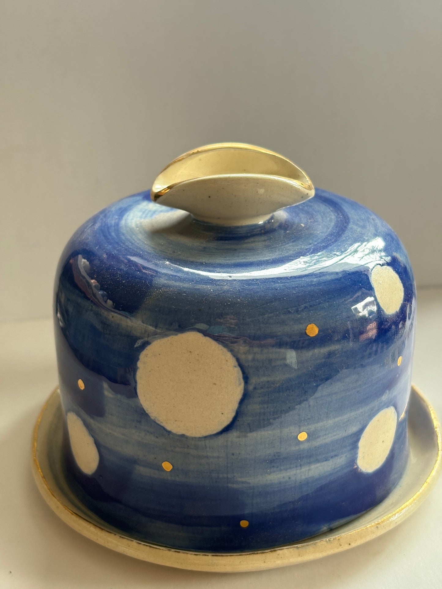 Blue and White Butter Dish with Brass Butter Knife